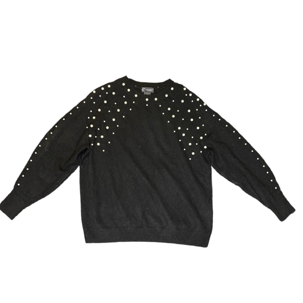Bloomingdales Cashmere Sweater Pearl Embellished Crew Neck Size Large Black